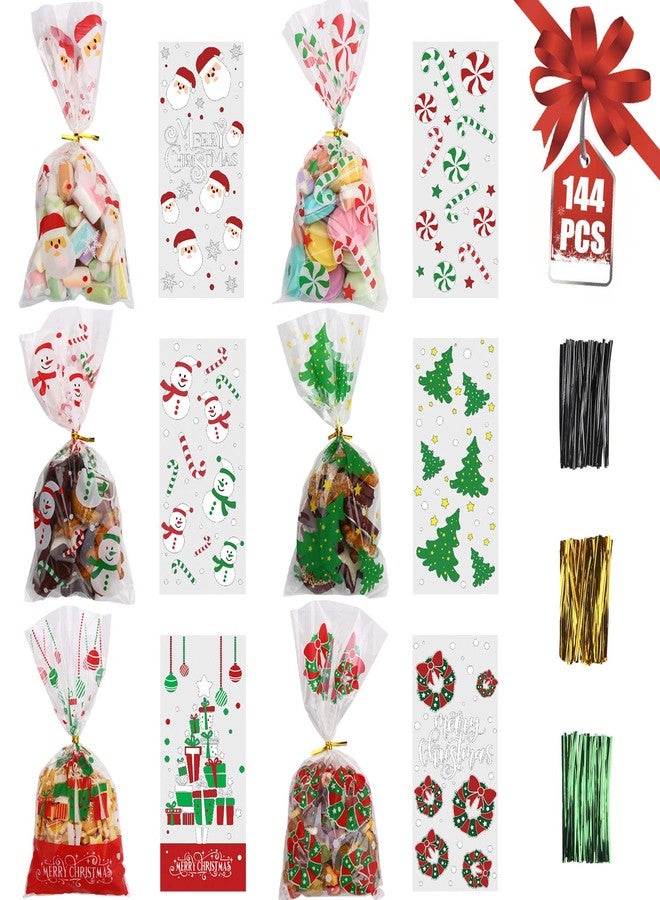 STEFORD 144PCS Christmas Cellophane Bags,Xmas Clear Candy Treat Cellophane Bag with 210PCS Twist Ties for Christmas Party Favors - Image 1